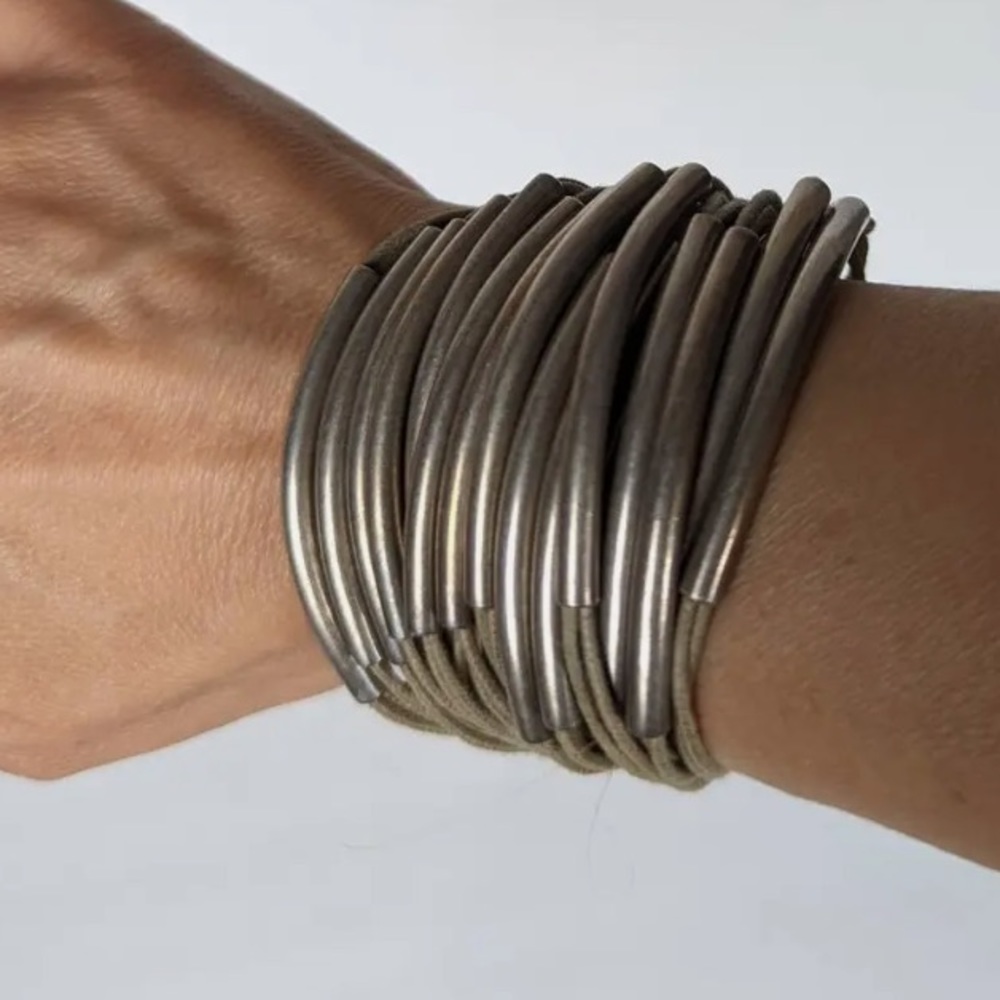 10m2 Multi-layer Multi Tube Cotton Thread & Metal Bracelet Tan & Silver S